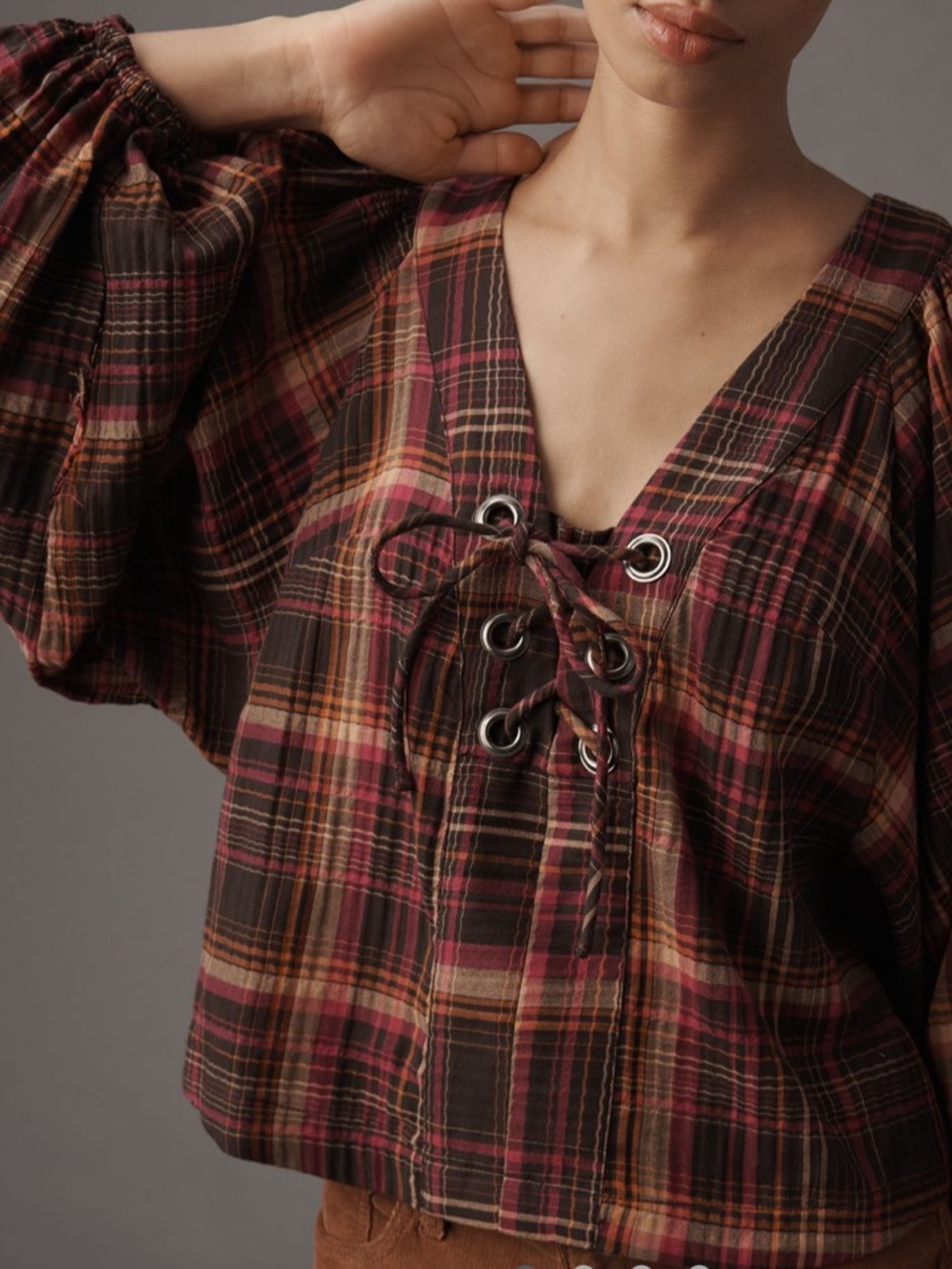 By Anthropologie Long Sleeve Lace Up Dolman Sleeve Blouse Plaid Top Puff Sleeve